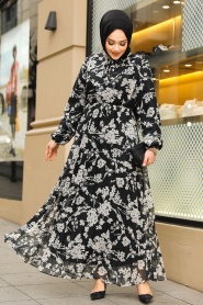 Çiçek Desenli Siyah Tesettür Elbise 50352S - Thumbnail