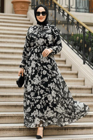 Çiçek Desenli Siyah Tesettür Elbise 50352S - 1