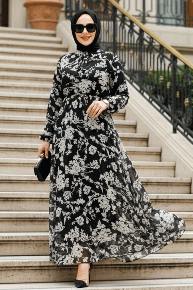 Çiçek Desenli Siyah Tesettür Elbise 50352S - 1