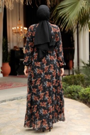 Çiçek Desenli Siyah Tesettür Elbise 50357S - Thumbnail