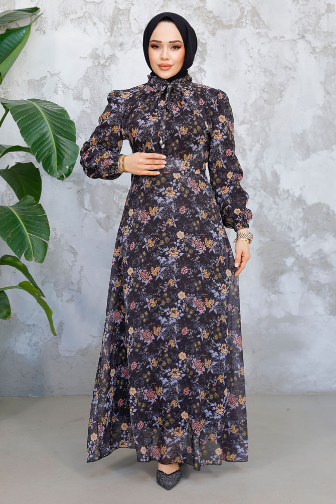 Çiçek Desenli Siyah Tesettür Elbise 50812S - 2