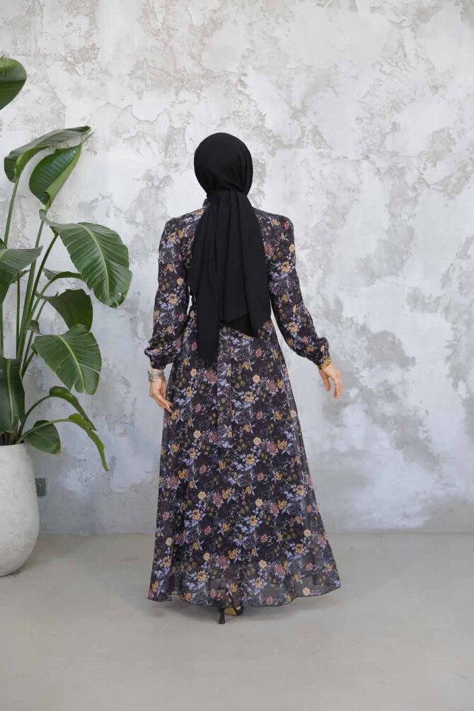 Çiçek Desenli Siyah Tesettür Elbise 50812S - 3