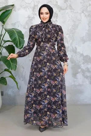 Çiçek Desenli Siyah Tesettür Elbise 50812S 