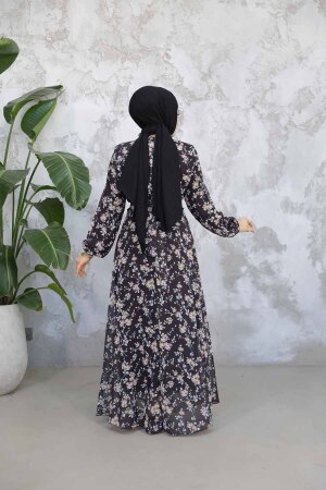 Çiçek Desenli Siyah Tesettür Elbise 52682S - 3