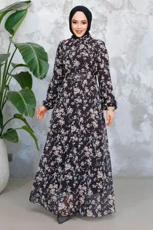 Çiçek Desenli Siyah Tesettür Elbise 52682S - 1