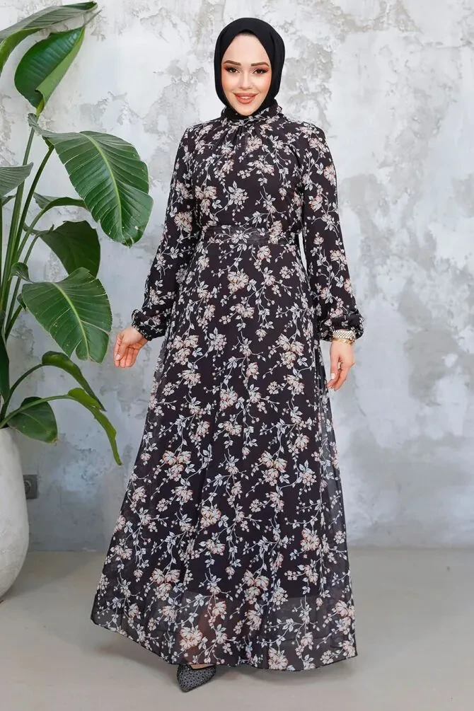 Çiçek Desenli Siyah Tesettür Elbise 52682S - 1