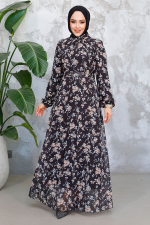 Çiçek Desenli Siyah Tesettür Elbise 52682S - 1