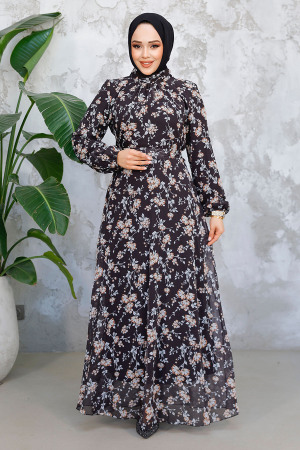 Çiçek Desenli Siyah Tesettür Elbise 52682S - 2