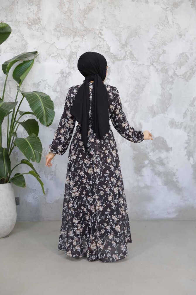 Çiçek Desenli Siyah Tesettür Elbise 52682S - 3