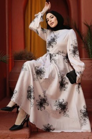 Çiçek Desenli Siyah Tesettür Elbise 60911S - Thumbnail
