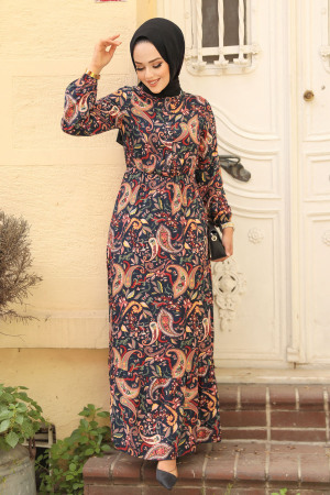 Çiçek Desenli Siyah Tesettür Elbise 70152S - 2