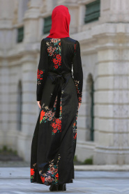 Çiçek Desenli Siyah Tesettür Kadife Elbise 7844S - Thumbnail