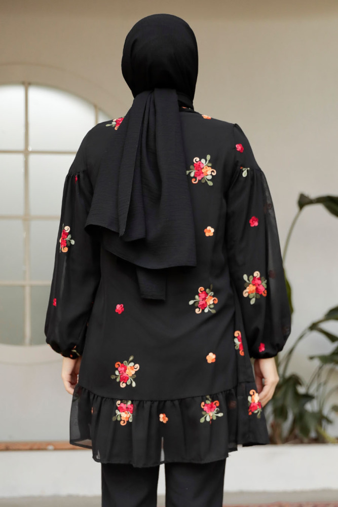 Çiçek Desenli Siyah Tesettür Tunik 4083S - 3