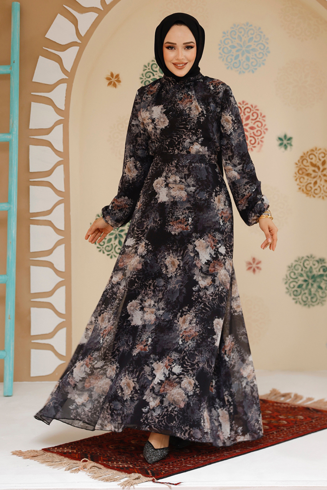 Çiçek Desenli Siyah Tesettür Elbise 27967S - 1