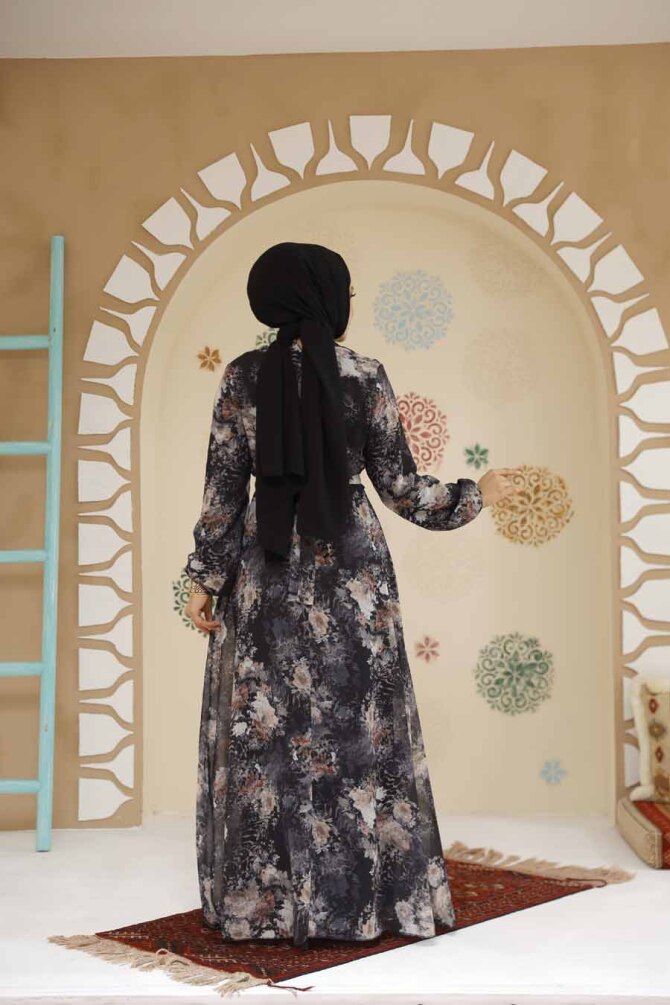 Çiçek Desenli Siyah Tesettür Elbise 27967S - 4