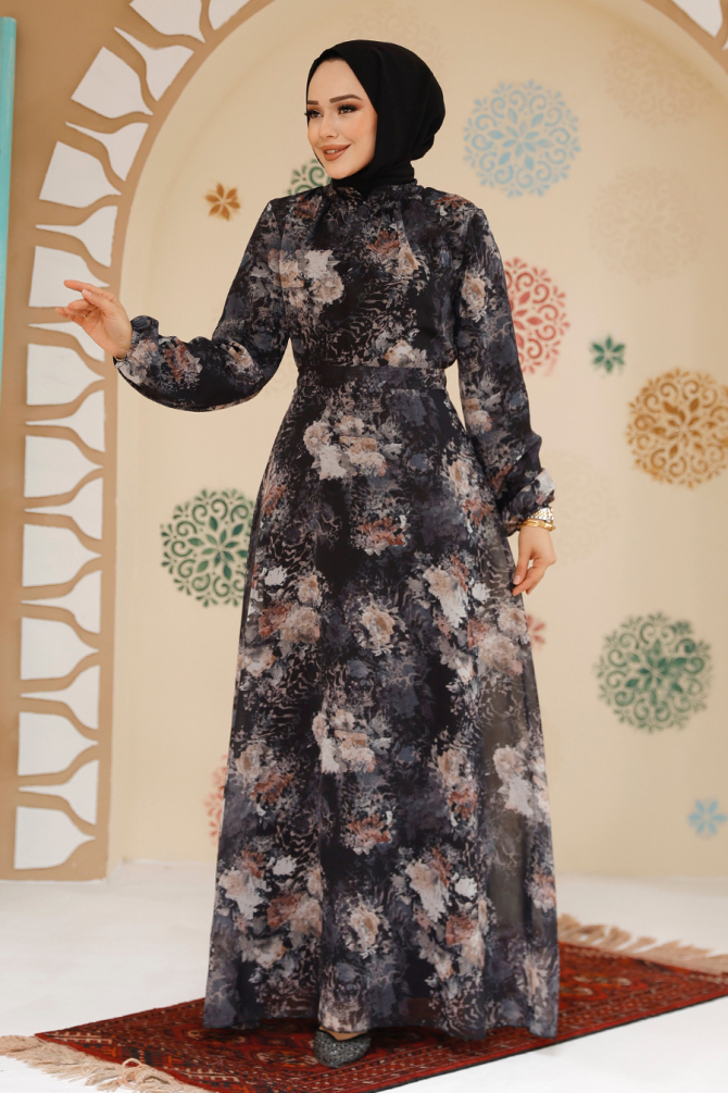 Çiçek Desenli Siyah Tesettür Elbise 27967S - 2
