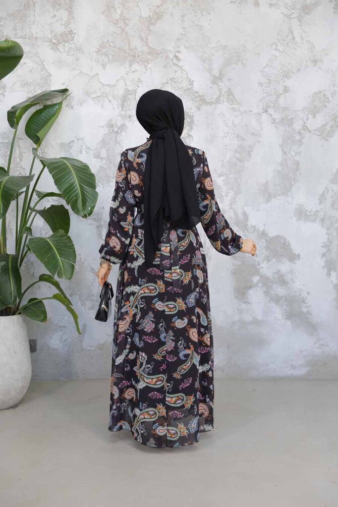 Çiçek Desenli Siyah Turuncu Tesettür Elbise 52681ST - 3