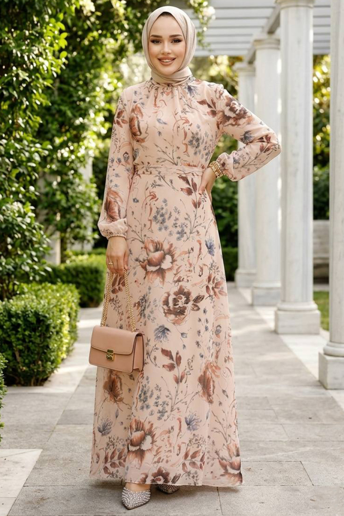 Çiçek Desenli Somon Tesettür Elbise 27963SMN - 1