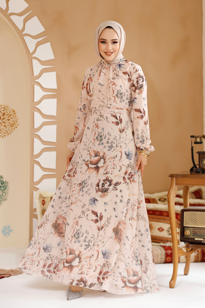 Çiçek Desenli Somon Tesettür Elbise 27963SMN - 1