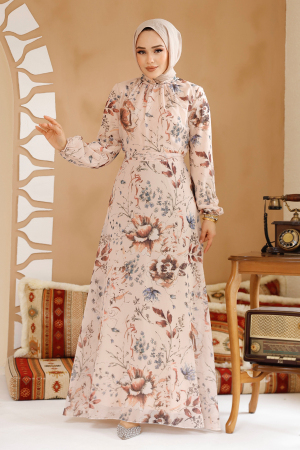 Çiçek Desenli Somon Tesettür Elbise 27963SMN - 2