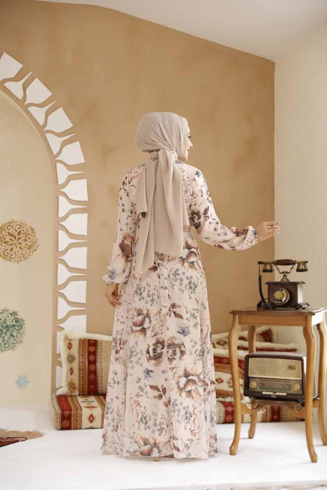 Çiçek Desenli Somon Tesettür Elbise 27963SMN - 3
