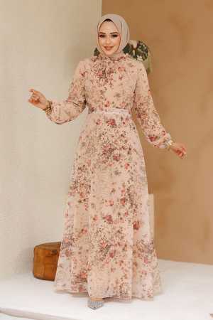 Çiçek Desenli Somon Tesettür Elbise 27966SMN - 3