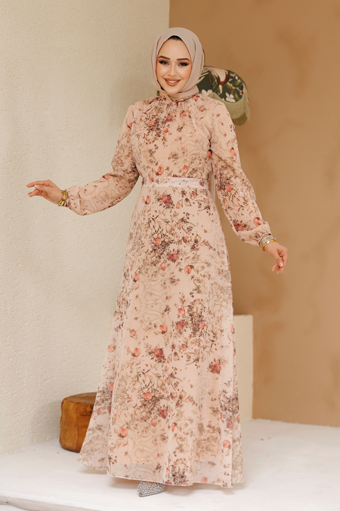 Çiçek Desenli Somon Tesettür Elbise 27966SMN - 2