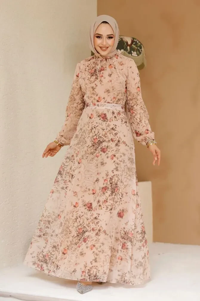 Çiçek Desenli Somon Tesettür Elbise 27966SMN - 1