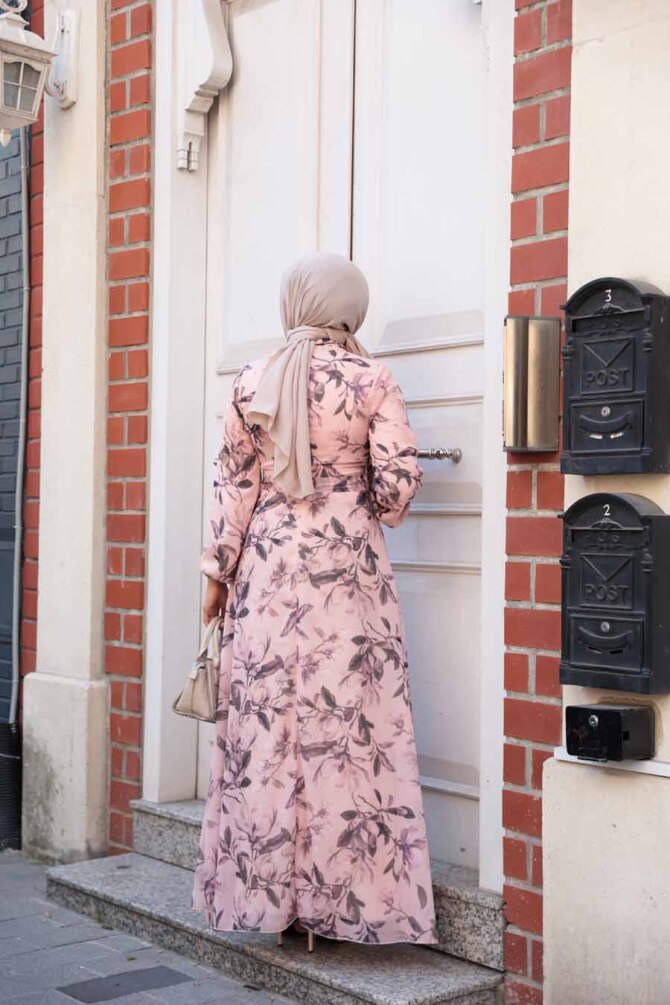  Çiçek Desenli Somon Tesettür Elbise 279915SMN - 3