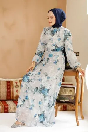 Çiçek Desenli Taş Tesettür Elbise 27961TAS 