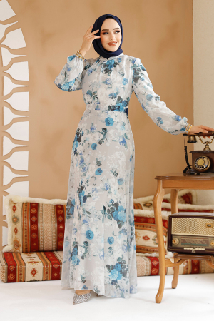 Çiçek Desenli Taş Tesettür Elbise 27961TAS - 2