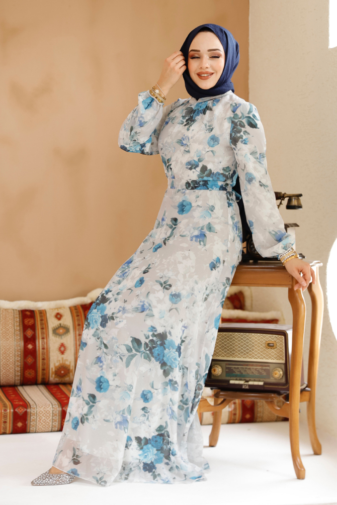 Çiçek Desenli Taş Tesettür Elbise 27961TAS - 4
