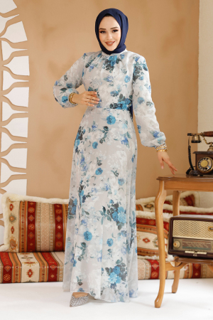 Çiçek Desenli Taş Tesettür Elbise 27961TAS - 3