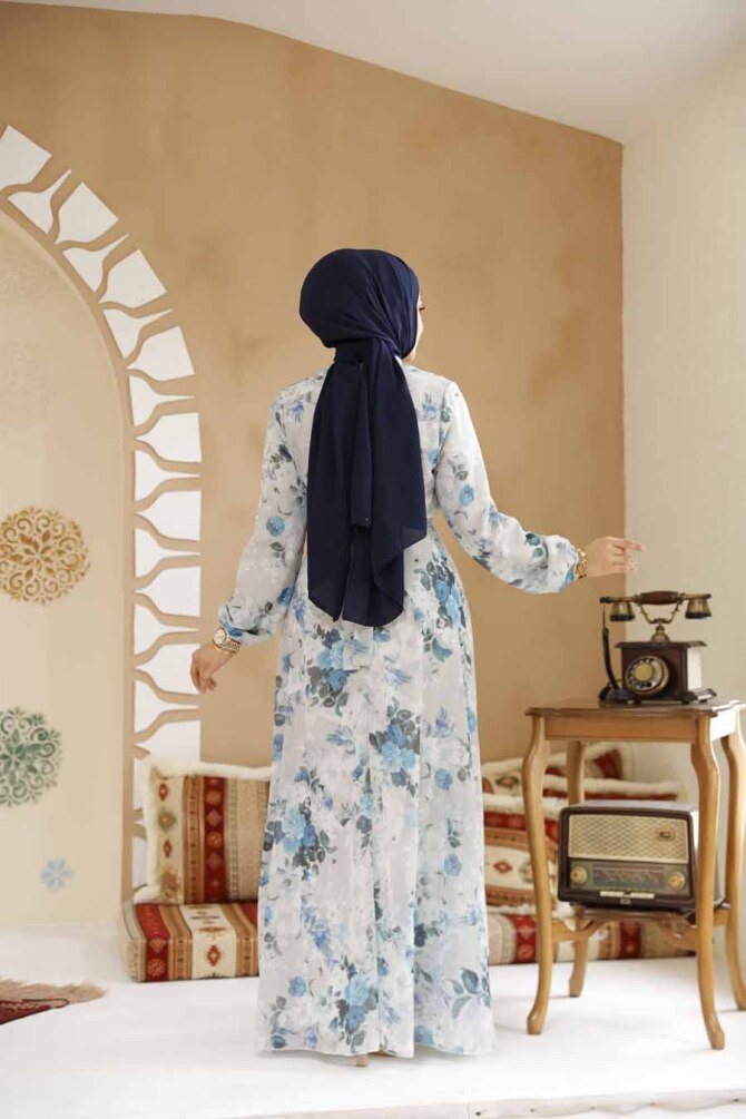 Çiçek Desenli Taş Tesettür Elbise 27961TAS - 5