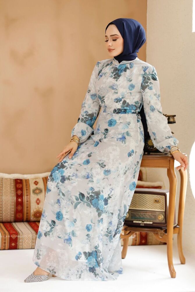 Çiçek Desenli Taş Tesettür Elbise 27961TAS - 1