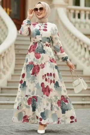 Çiçek Desenli Vişne Tesettür Elbise 10214VSN 