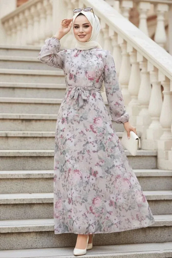 Çiçek Desenli Vizon Tesettür Elbise 27998V - 1