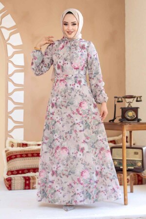 Çiçek Desenli Vizon Tesettür Elbise 27998V - 2