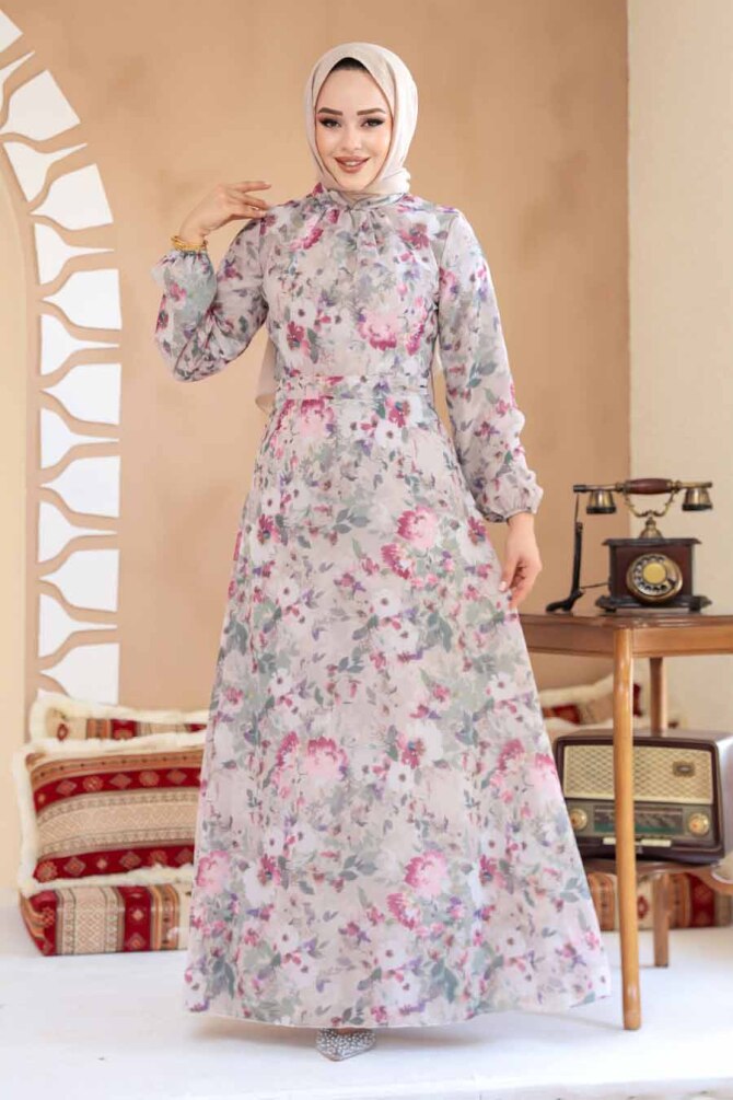Çiçek Desenli Vizon Tesettür Elbise 27998V - 2