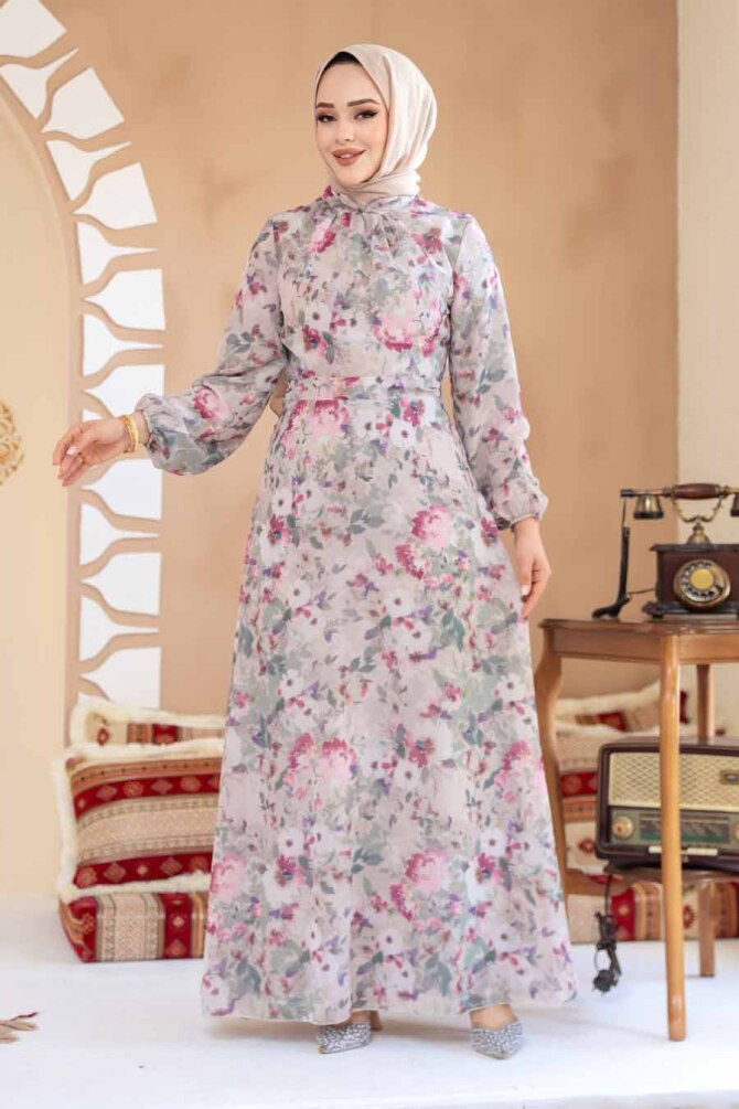 Çiçek Desenli Vizon Tesettür Elbise 27998V - 3