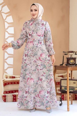 Çiçek Desenli Vizon Tesettür Elbise 27998V - 4