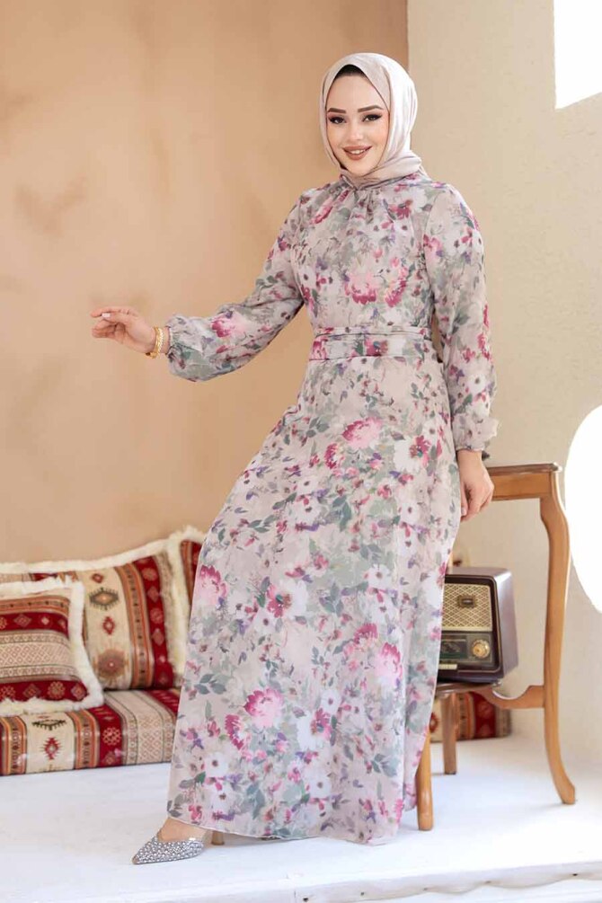 Çiçek Desenli Vizon Tesettür Elbise 27998V - 1