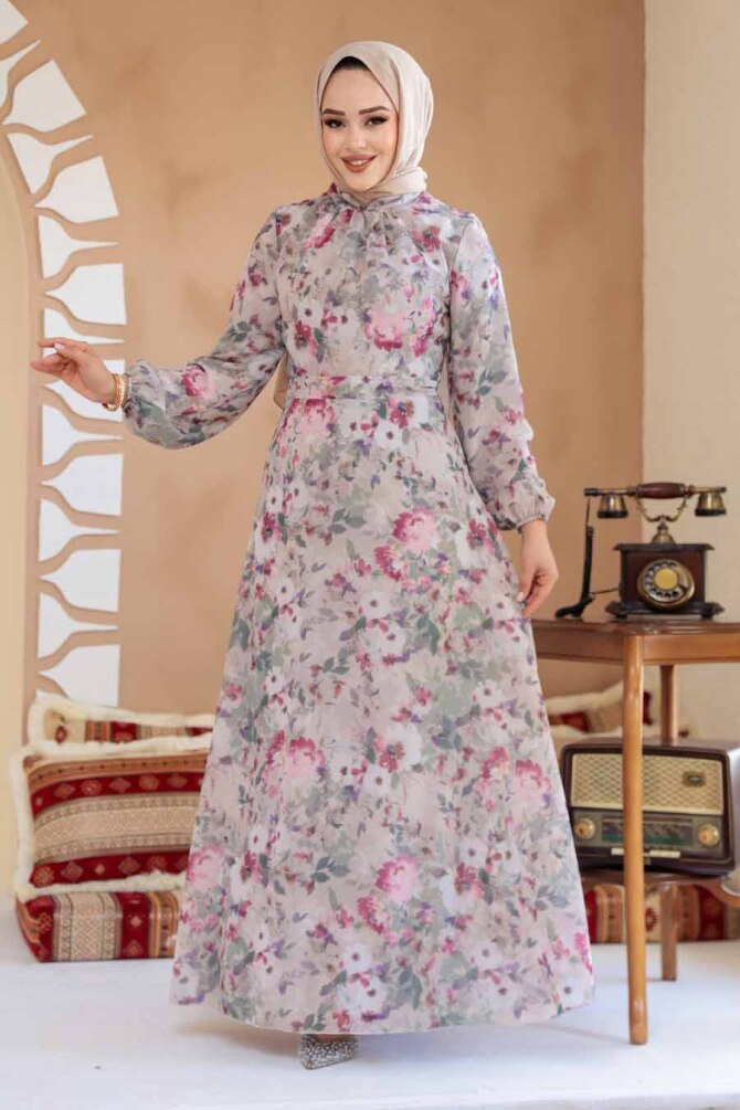Çiçek Desenli Vizon Tesettür Elbise 27998V - 5