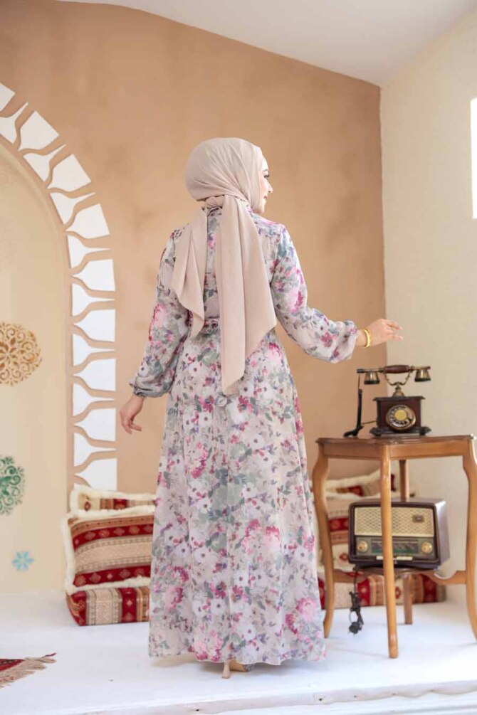 Çiçek Desenli Vizon Tesettür Elbise 27998V - 6