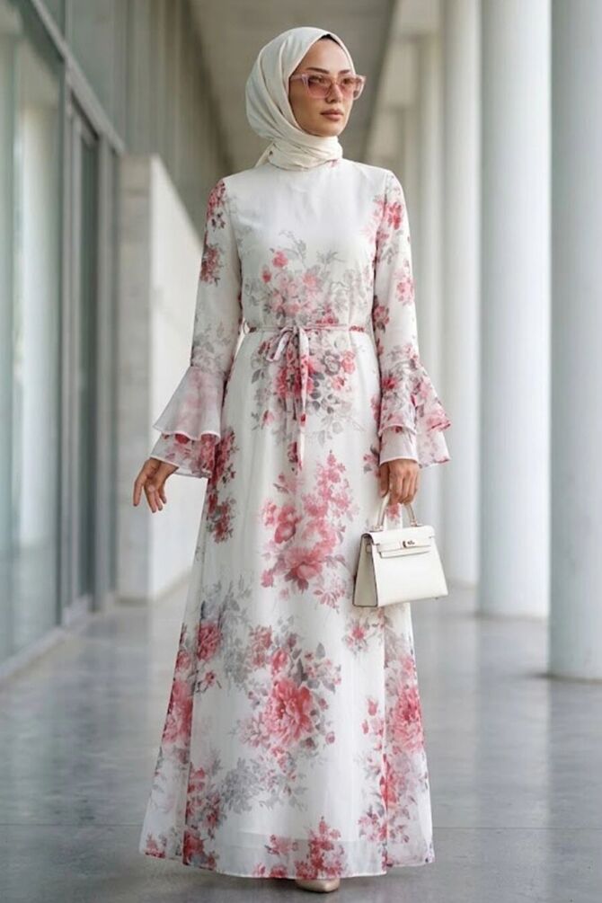 Çiçek Desenli Volan Kollu Kırmızı Tesettür Elbise 2503K - 1