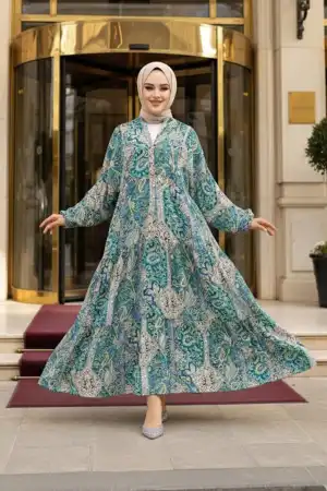 Çiçek Desenli Yeşil Tesettür Elbise 23454Y 