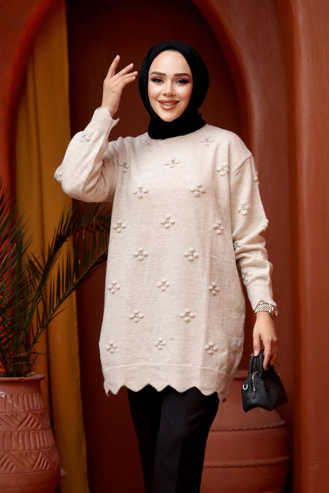 Çiçek Detaylı Bej Tesettür Triko Kazak Tunik 8764BEJ - N.S NEVA STYLE