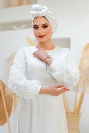  Çiçek Detaylı Beyaz Tesettür Saten Abiye Elbise 4661B - 3
