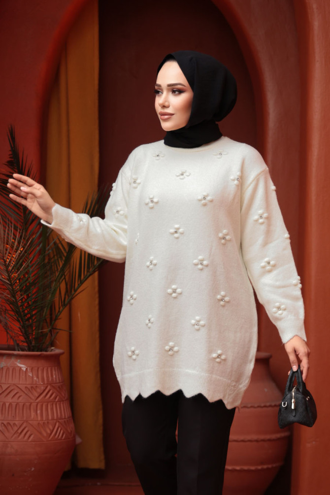 Çiçek Detaylı Ekru Tesettür Triko Kazak Tunik 8764E - N.S NEVA STYLE