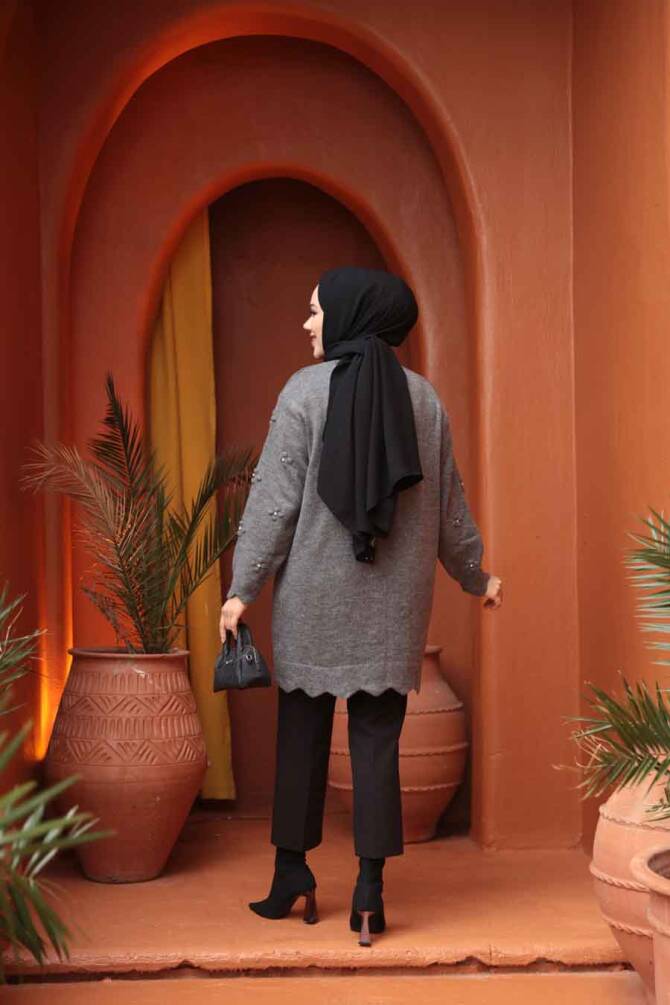 Çiçek Detaylı Füme Tesettür Triko Kazak Tunik 8764FU - 3